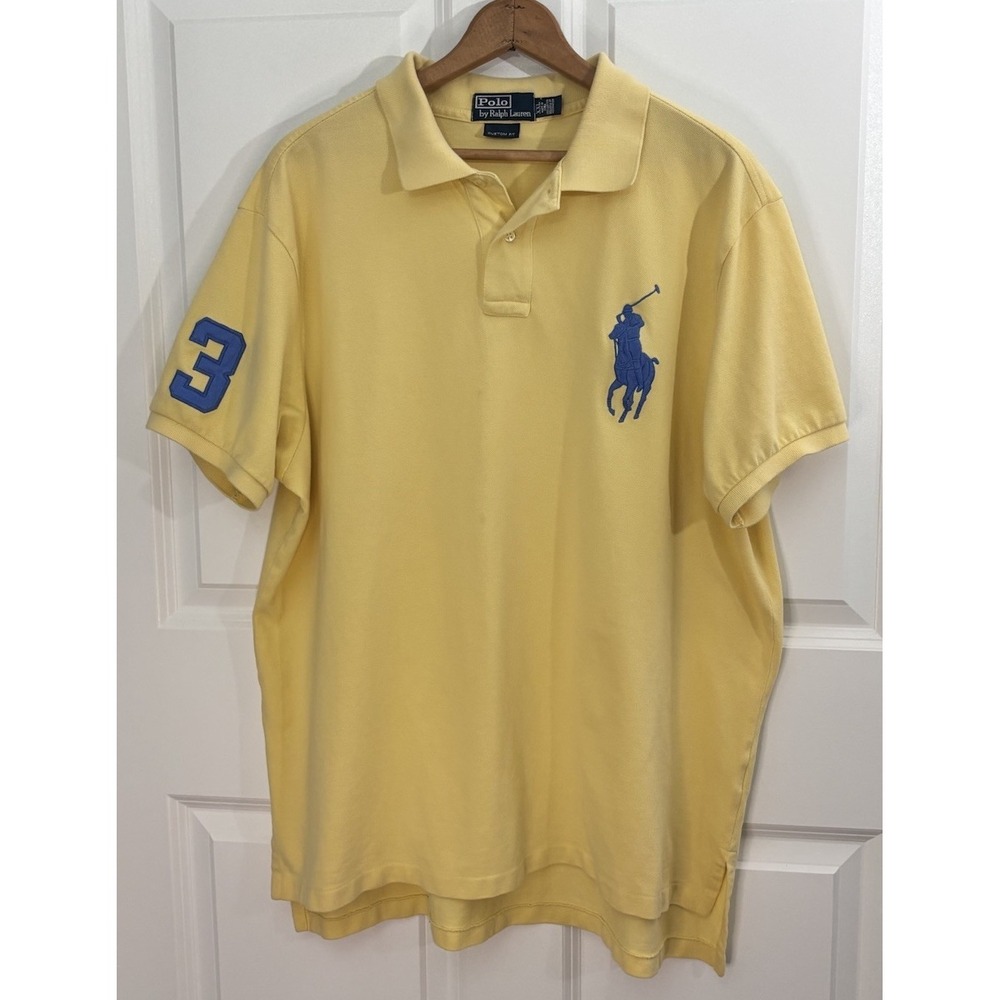 polo ralph lauren custom fit XXL Yellow Big Pony Shirt Blue Logo #3 0489